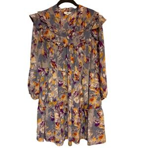 Entro Tiered Mini Dress Ruffle Neckline Long Sleeve Floral Print Size L